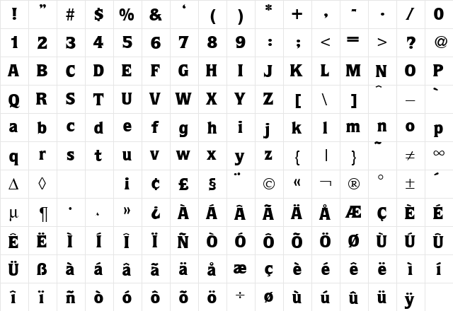 QuotaBlack DB Regular  glyph index
