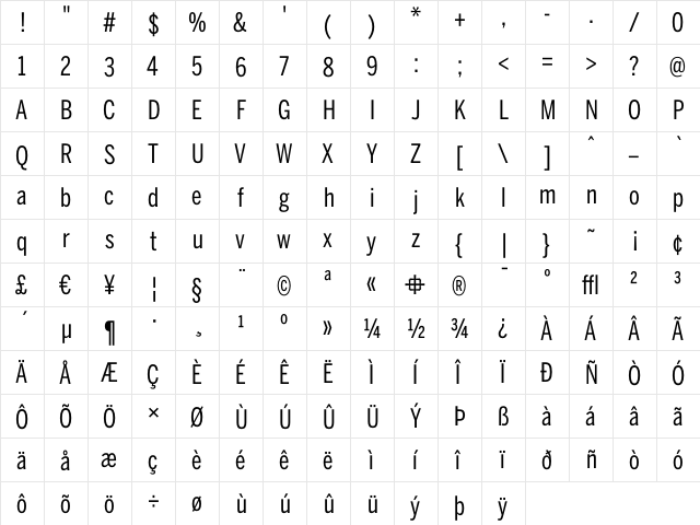 BentonSans ExtraCondensed Regular  glyph index