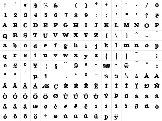 ChesterfieldCondensed Regular  glyph index