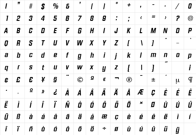 DiamanteSerial BoldItalic  glyph index