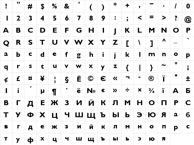 Gals Bold  glyph index