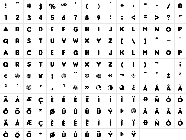 Insaniburger Regular  glyph index