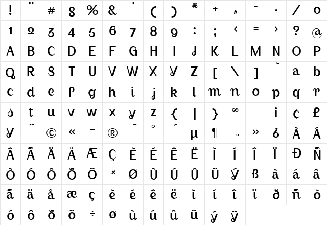 AugustLight Regular  glyph index