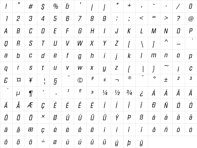 DiamanteEF RegularItalic  glyph index