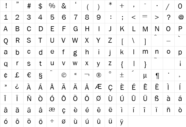 FranklinGothicNew Regular  glyph index