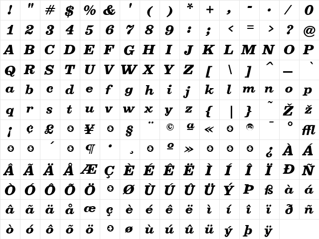 Belizio Italic  glyph index