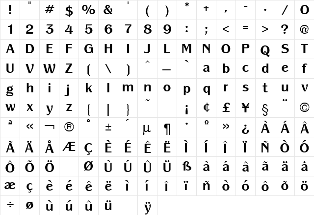 Panache Bold  glyph index