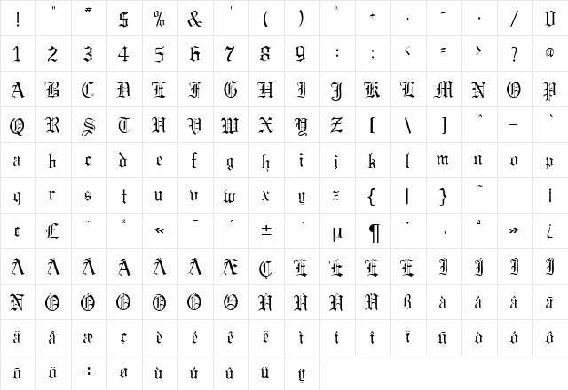 Gregorian Regular  glyph index