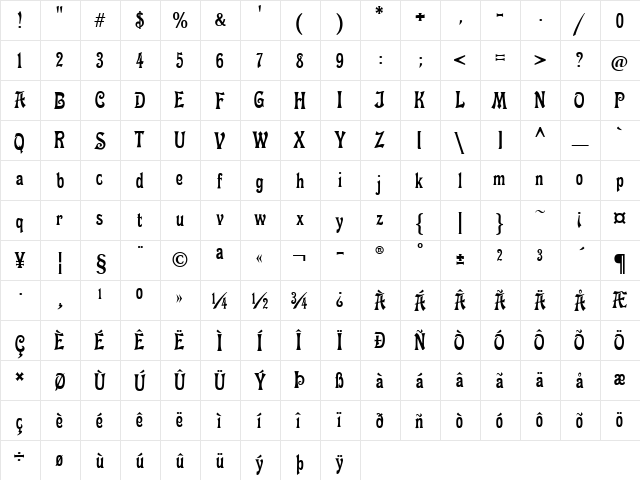 Fette Mikado Regular  glyph index