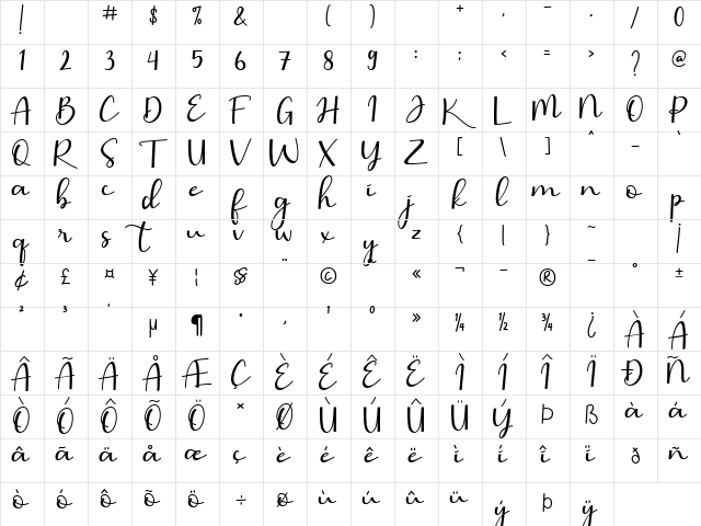 Barbara Calligraphy Regular  glyph index