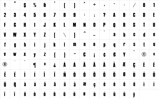 British Inserat MN Bold  glyph index