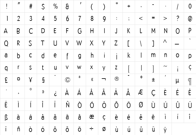 DundeeLightCond Regular  glyph index