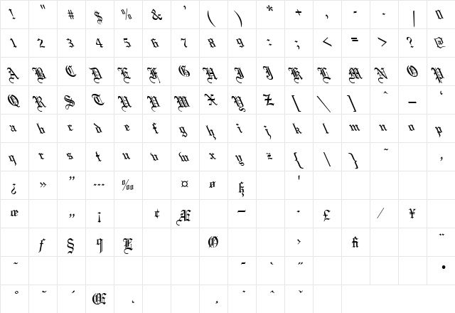 Mariage-leftie Regular  glyph index