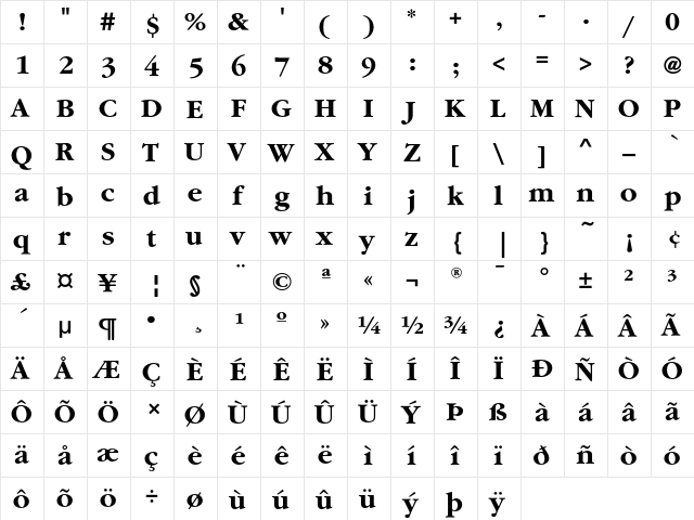 GaramondEF Bold  glyph index
