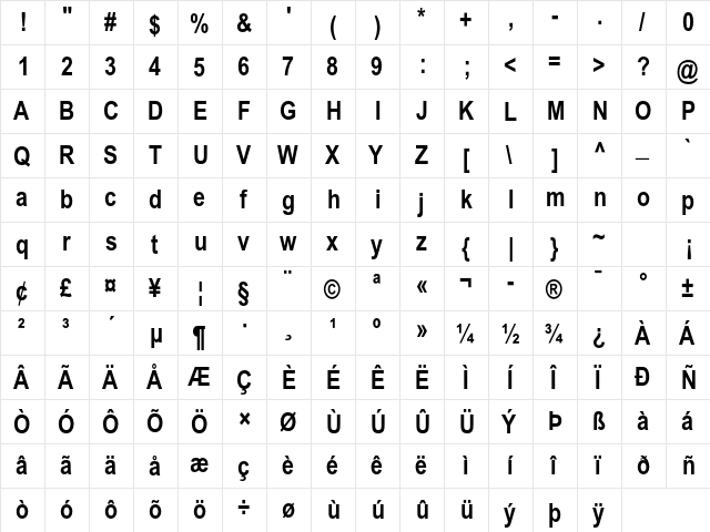 Arial Narrow MT Std Bold  glyph index