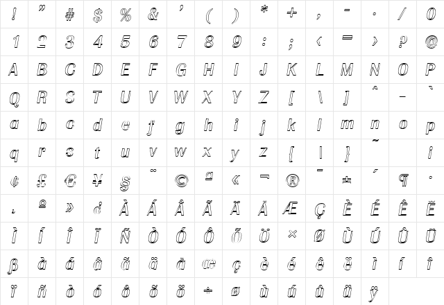 JesseBeckerOutline Italic  glyph index
