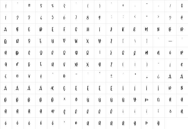 Flying Love Regular  glyph index