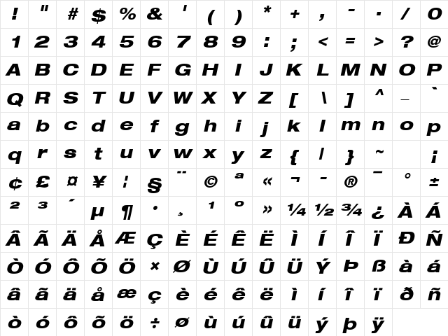 Helvetica Neue LT Com 83 Heavy Extended Oblique  glyph index