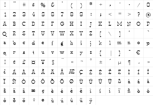 Luckyluke Regular  glyph index