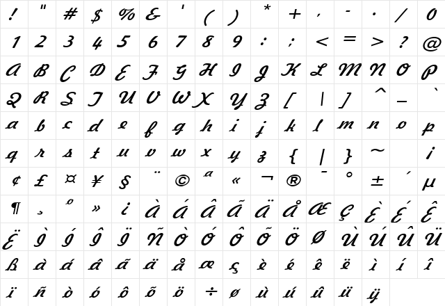 Jott 44 Wide Italic  glyph index
