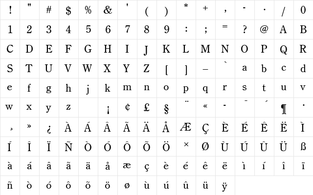 CenturyOldStyTRegRo1 Regular  glyph index