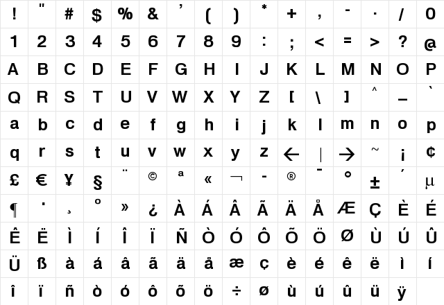 HeldustryFT Regular  glyph index