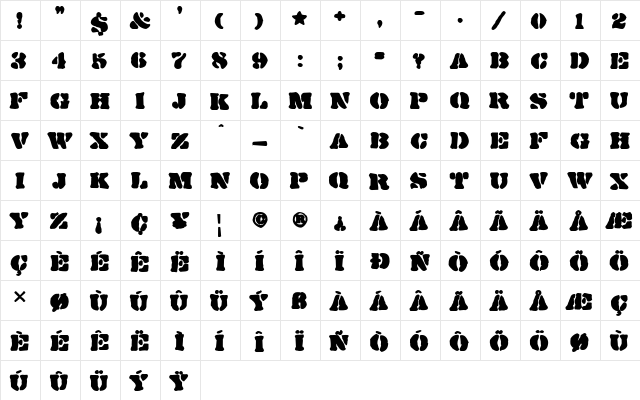 DirtyBakersDozen Ink Regular  glyph index