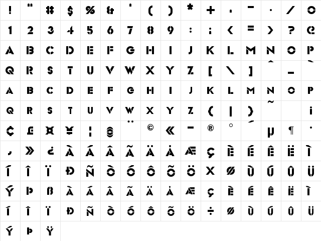 Videopac Regular  glyph index