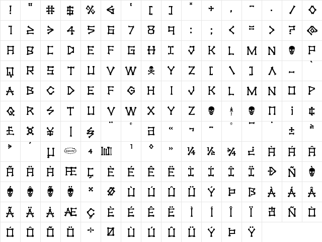 xBONES Regular  glyph index