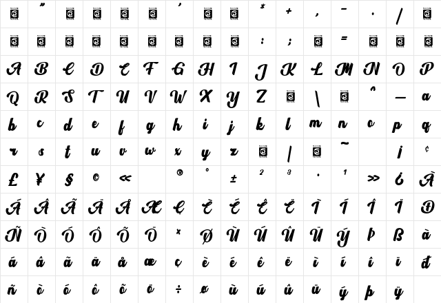 Headbrush Regular  glyph index