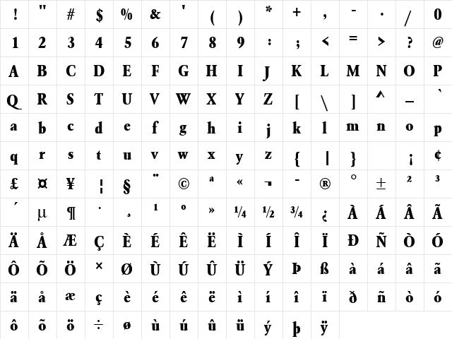 URWGaramondTExtBolExtNar Regular  glyph index