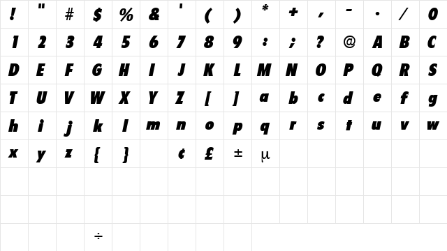 SeighDisplaySSK Italic  glyph index
