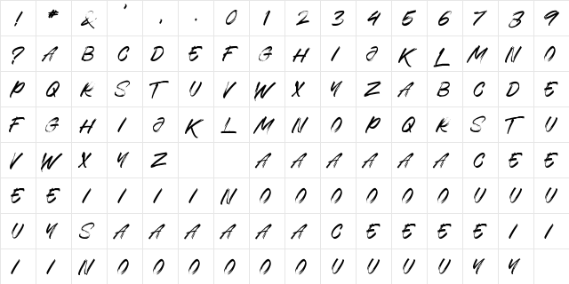 Rhogsainel Regular  glyph index