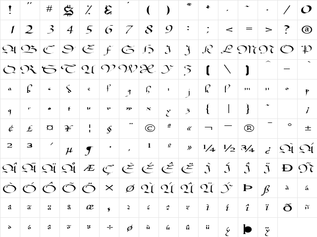 ClassicBookerFont77 Regular  glyph index