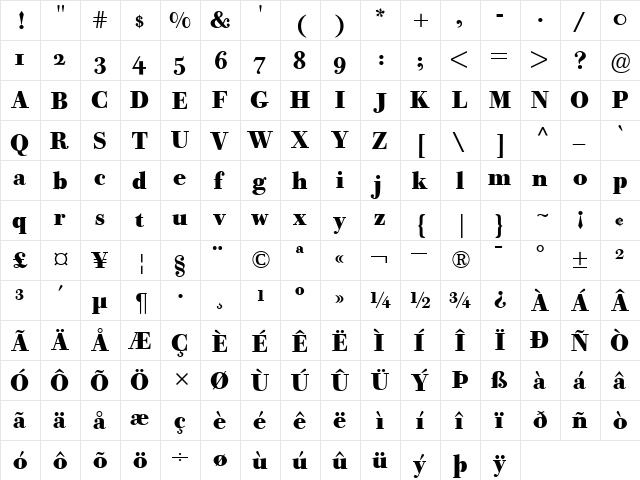 BodoniOldFaceBEOldstyleFigures Bold  glyph index