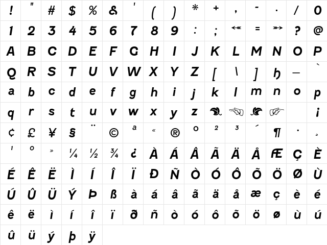 Fenwick Bold Italic  glyph index