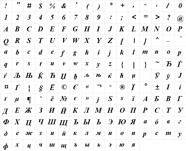 Times NR Cyr MT Bold Inclined  glyph index
