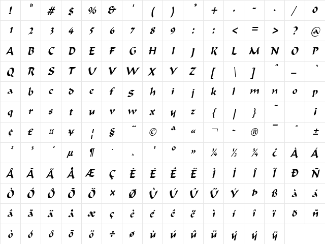 FlatBrush-Condensed Italic  glyph index
