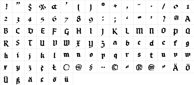 Bruchschrift Regular  glyph index