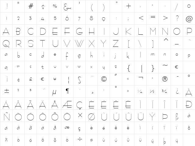 BernhardFashion BT Regular  glyph index