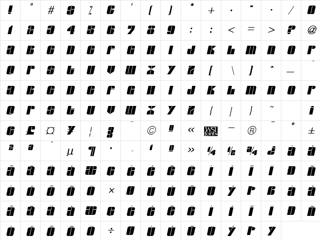 Grover Italic  glyph index
