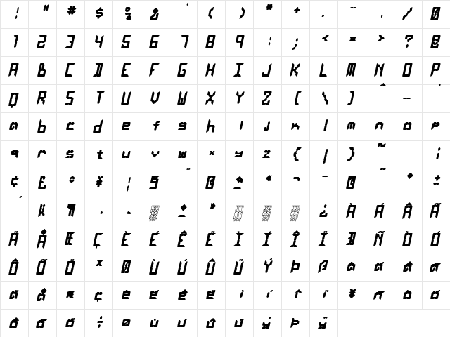 LEaD Lights BoldItalic Regular  glyph index