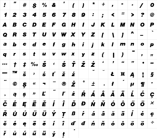 NimbuSanDEEBla Italic  glyph index