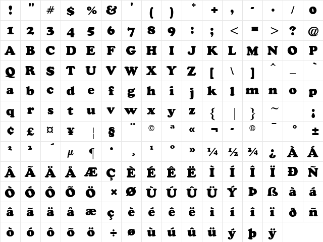 Cooper Black ATT Regular  glyph index