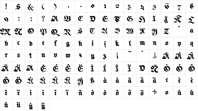 Memela Fraktur Regular  glyph index