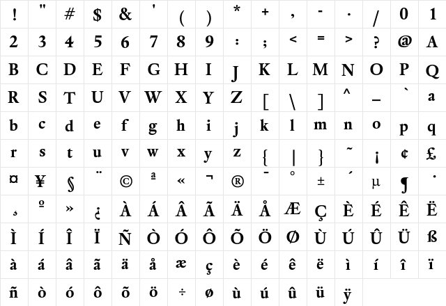 DTL Elzevir T Bold  glyph index