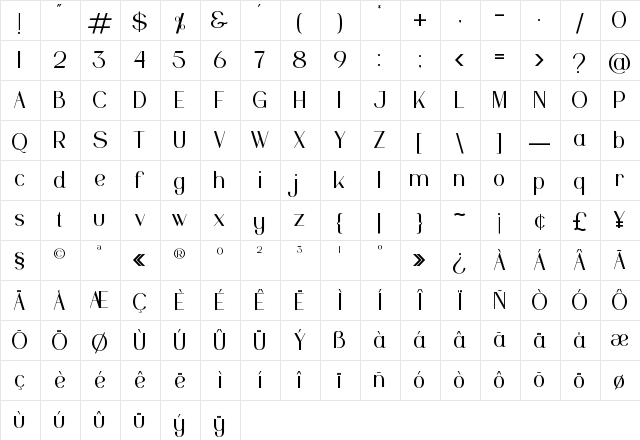 Pinkerston Regular  glyph index