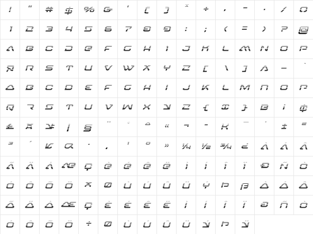 4114 Blaster Gradient Italic Italic  glyph index