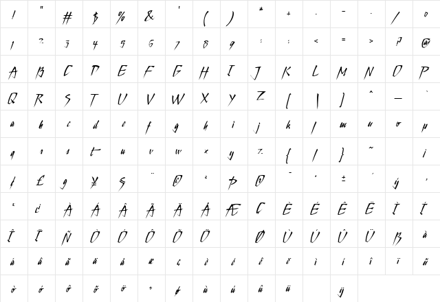 Personal Regular  glyph index
