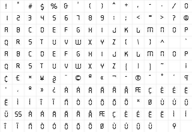 Quartz Regular  glyph index